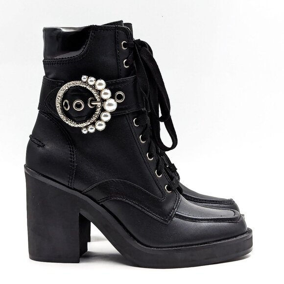 DKNY Women Dottie Black Leather Buckle Pearl Heel Combat boots size 7.5 - Picture 11 of 12